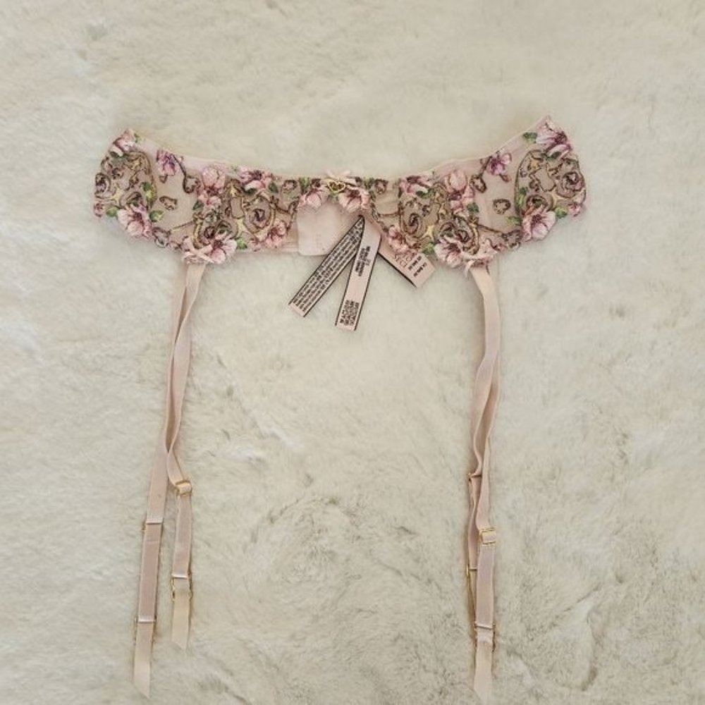 Victoria's Secret Dream Angels Pink Green Floral Embroidered Garter Belt - Picture 8 of 8